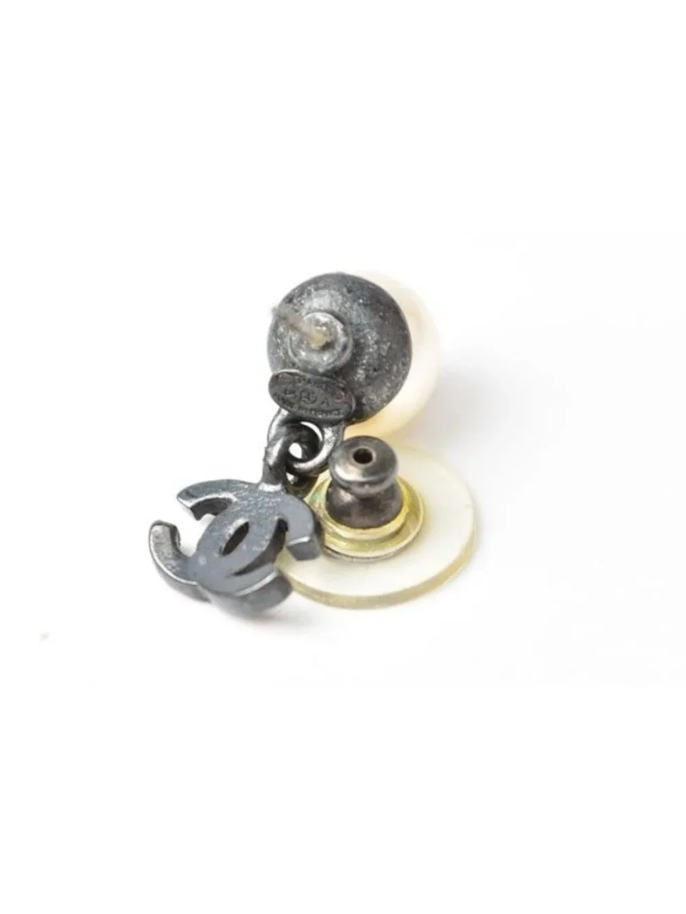 Chanel Logo CC Rhinestone Pearl Swing Coco Mark Gunmetal